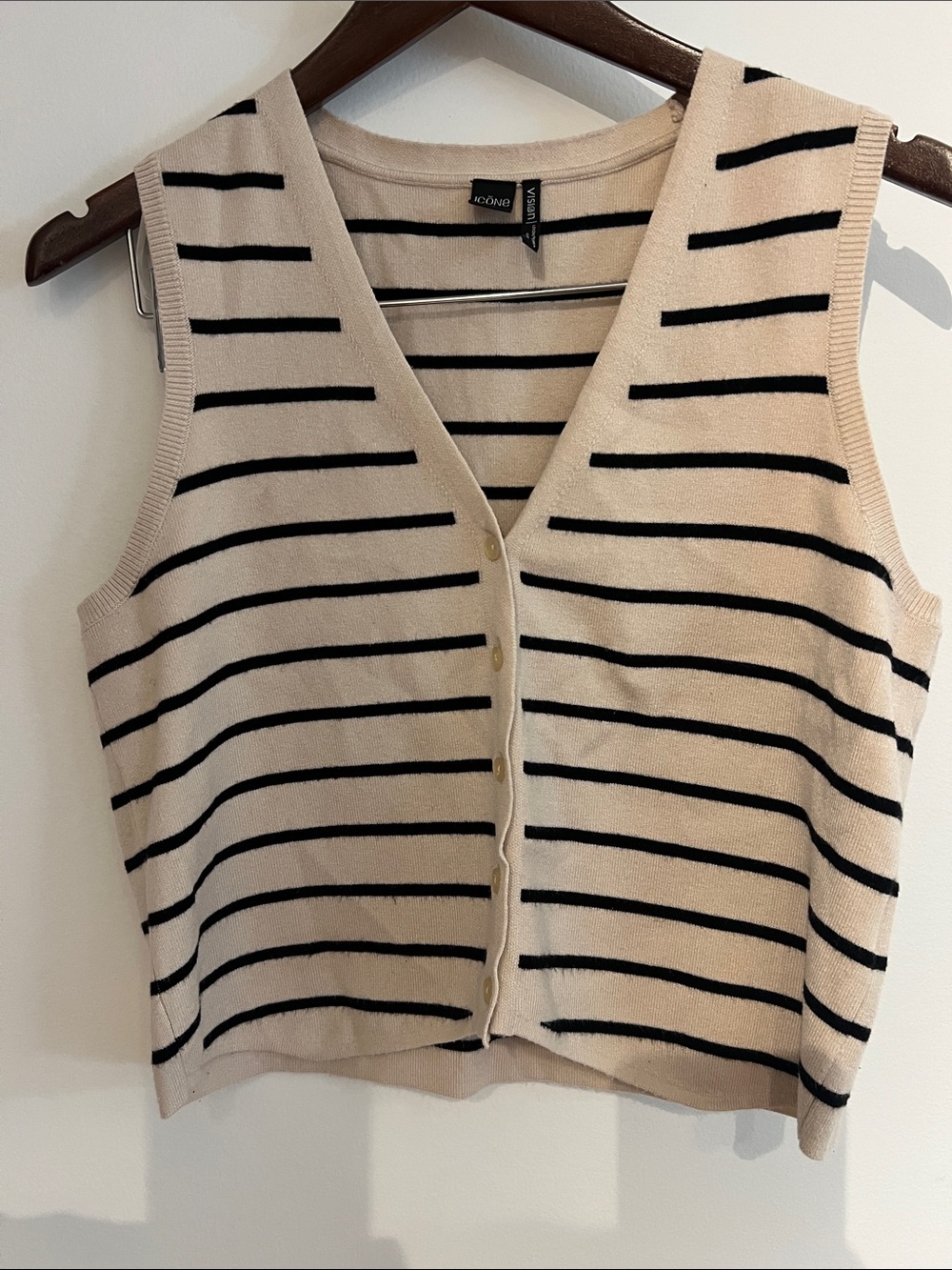 Beige Knit Cropped Vest with Black Stripes